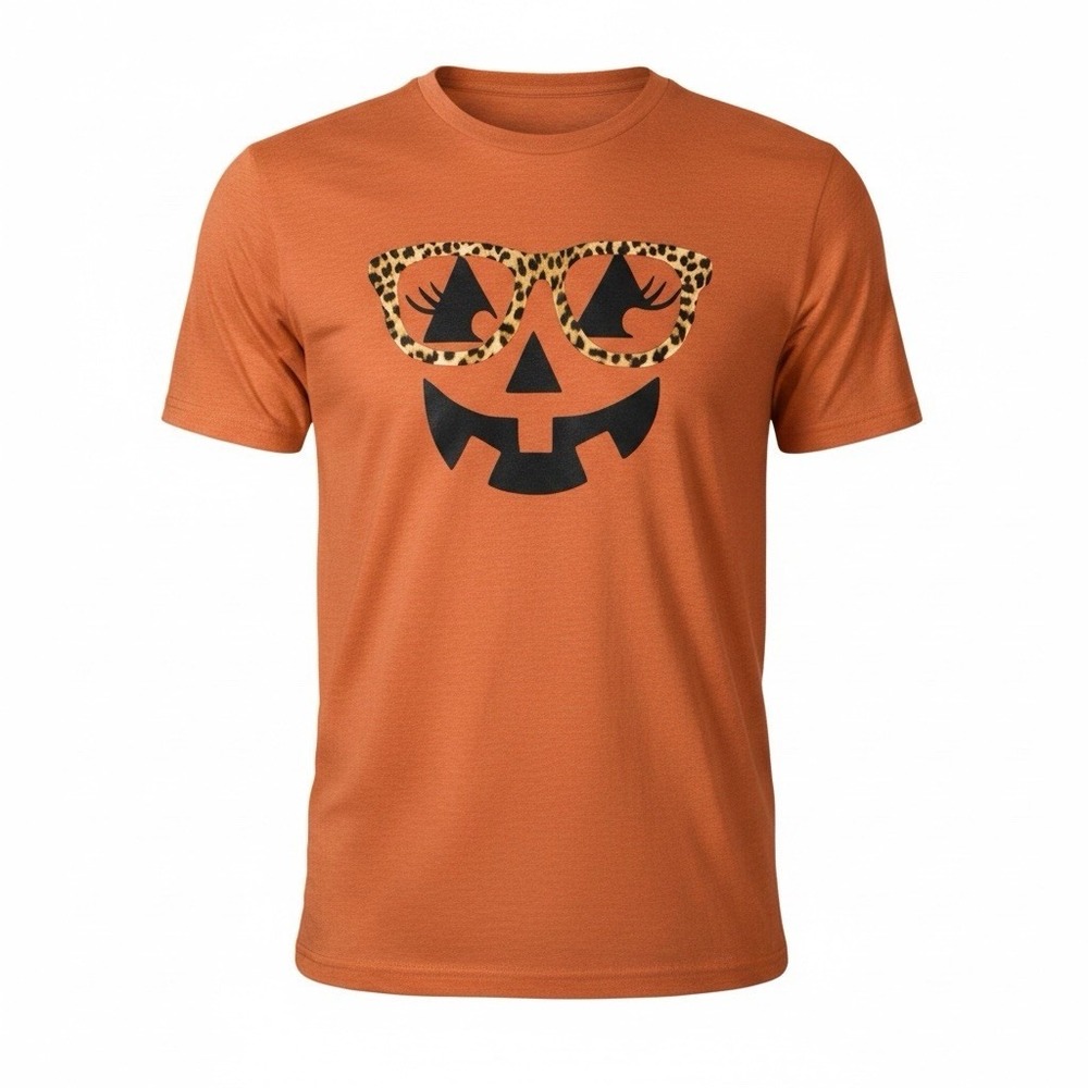 Tultex Halloween Shirt Women Sz XL Orange Pumpkin Face W/Glasses Seamless Sides